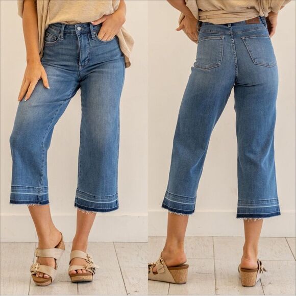 Judy Blue High Rise Wide Leg Crop Jeans Size 7/28 Medium Wash Released Hem - Picture 1 of 10
